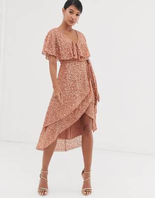 asos design midi dress with cape back and dipped hem in embellishment