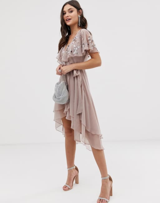 Asos design midi dress with cape on sale back and dipped hem in embellishment