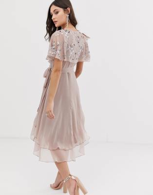 asos design midi dress with cape back and dipped hem in embellishment