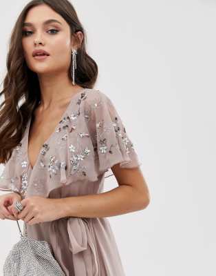 asos design midi dress with cape back and dipped hem in embellishment
