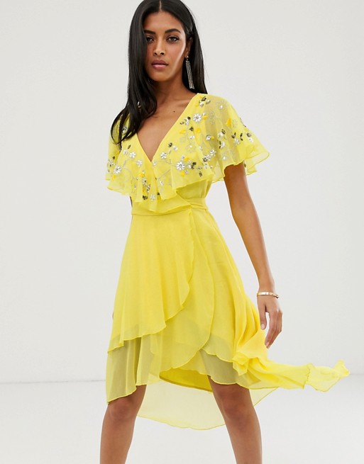 ASOS DESIGN midi dress with cape back and dipped hem in embellishment
