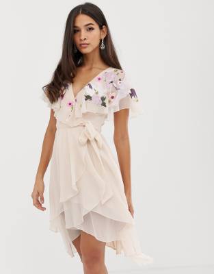 asos design midi dress with cape back and dipped hem in embellishment