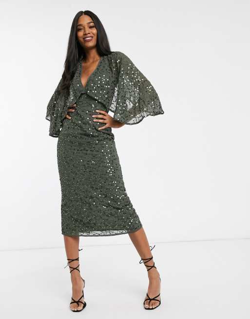 ASOS DESIGN midi dress with cape kimono sleeve in scatter sequin