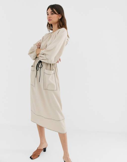 ASOS DESIGN midi dress with contrast stitching and drawstring waist, 4 of 4