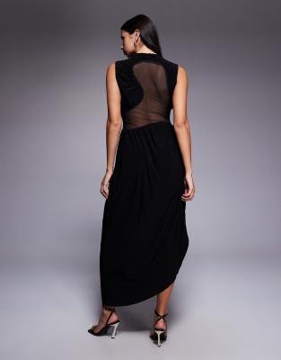 Asos Design Midi Dress With Cowled Skirt And Mesh Cut Out Detailing-black In Black