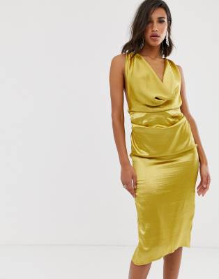 yellow satin cowl neck dress