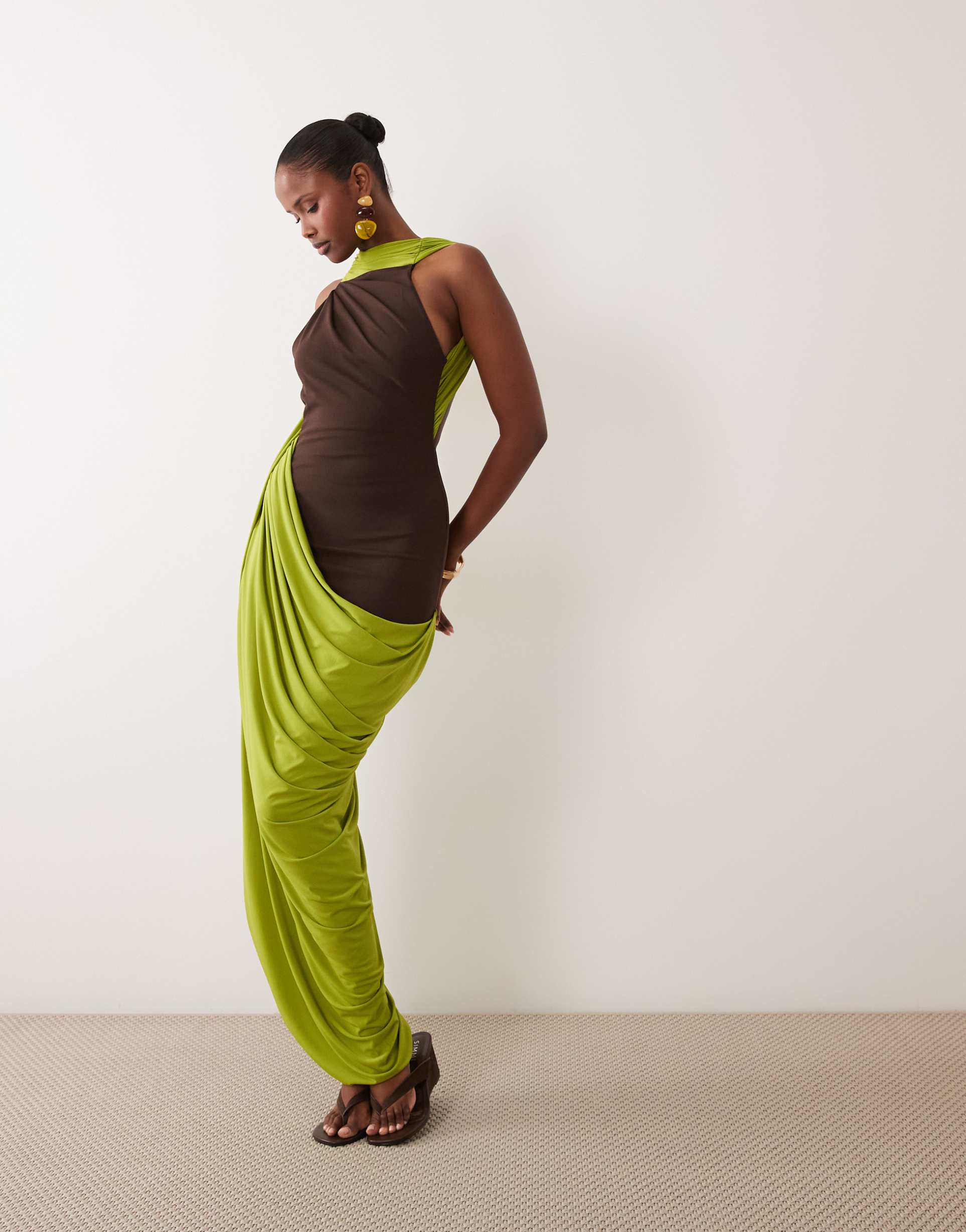 asos design midi dress with draped skirt into scarf detailing in brown and green