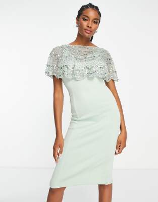 Asos Design Midi Dress With Embellished Cape Detail In Mint-multi