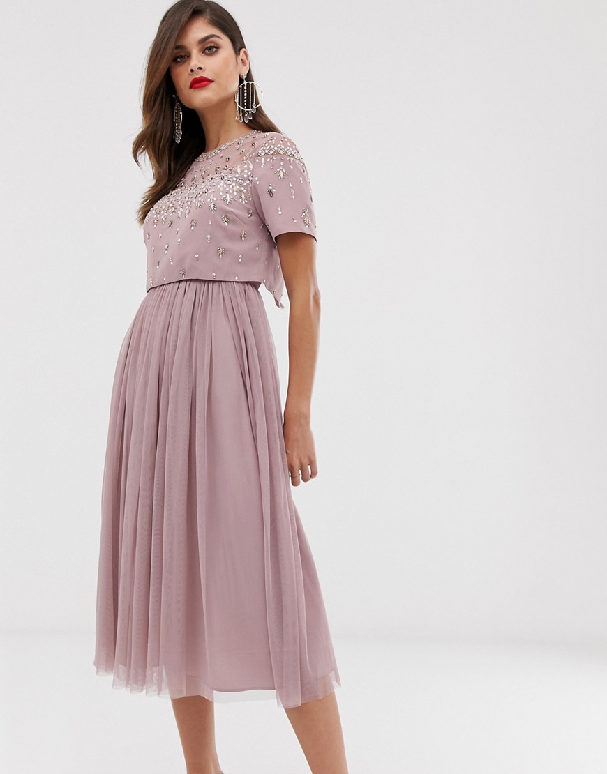 ASOS DESIGN midi dress with embellished crop top and mesh skirt-Pink