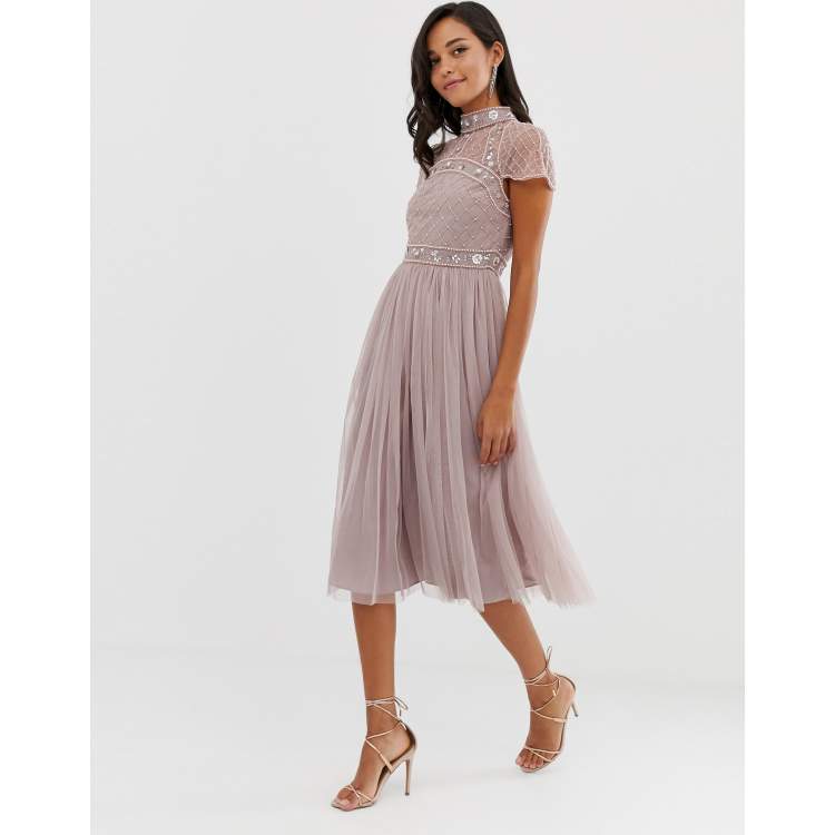 Asos high neck embellished store crop top tulle midi dress