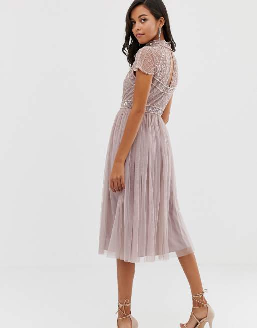 Asos high neck embellished crop top tulle midi hot sale dress