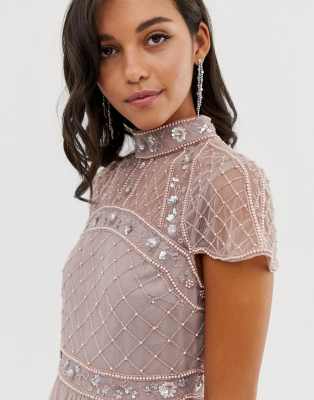 asos high neck embellished crop top tulle midi dress