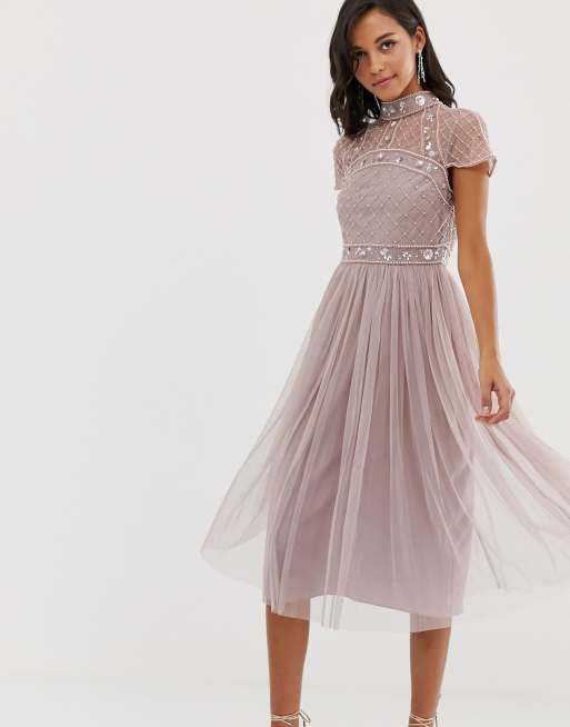 Asos high neck embellished crop top tulle midi dress on sale