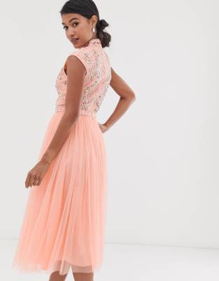 asos design embellished open back tulle midi dress