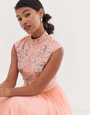 asos design crop top fringe embellishment tulle midi dress