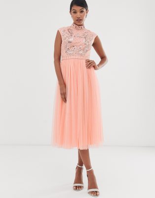 asos design embellished open back tulle midi dress