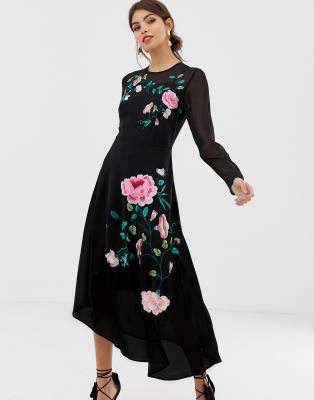 Asos design long sleeve midi dress 2025 with embroidered flowers and ruffle detail