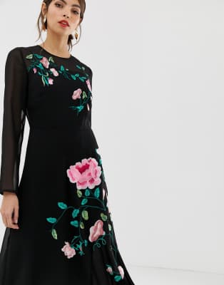 asos design long sleeve embroidered midi dress