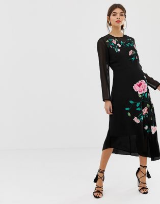 asos design long sleeve midi dress with embroidered flowers and ruffle detail