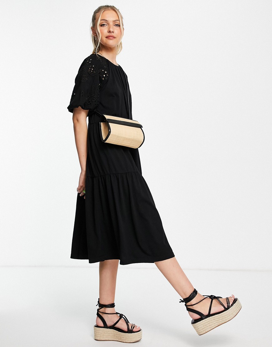 ASOS DESIGN midi dress with gathered neck and embroidered cut out detail and tiered hem in black