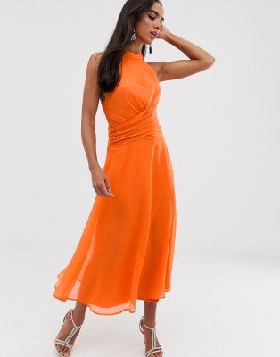 high neck orange dress