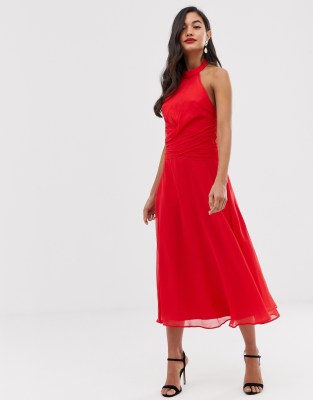 red high neck midi dress