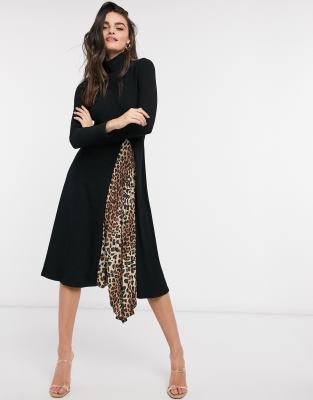 high neck leopard print midi dress