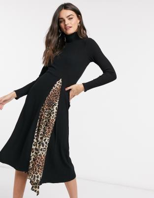 high neck leopard print midi dress