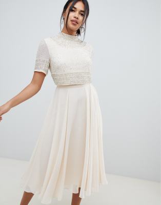 Asos high neck embellished crop top tulle midi hot sale dress