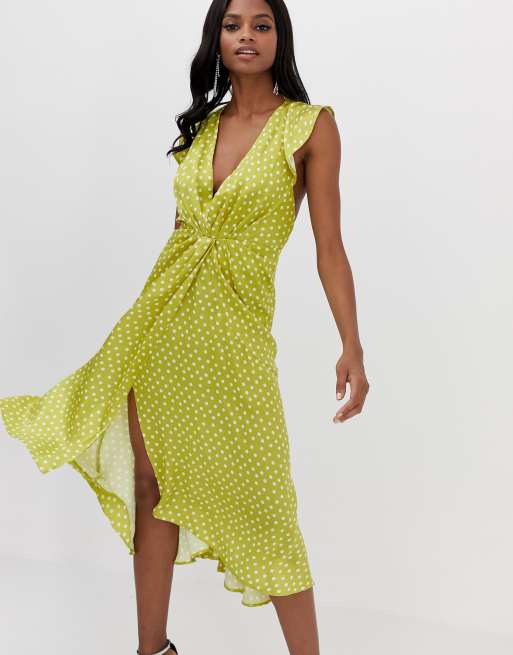 ASOS DESIGN midi dress with knot front detail in satin polka dot