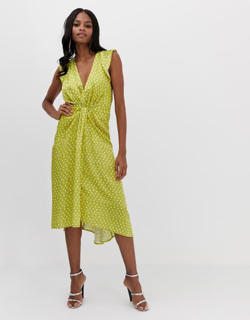 ASOS DESIGN midi dress with knot front detail in satin polka dot