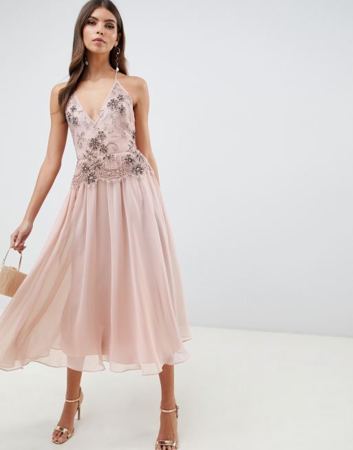 ASOS High Neck Embellished Crop Top Tulle Midi Dress