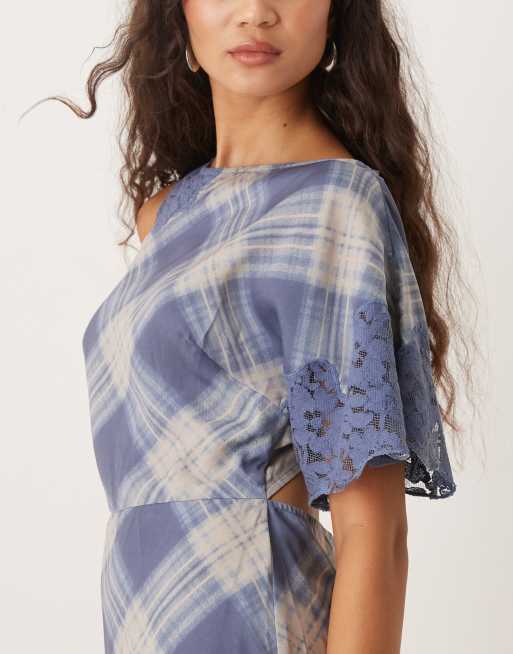ASOS DESIGN midi dress with lace detail in blue check print, 3 of 4