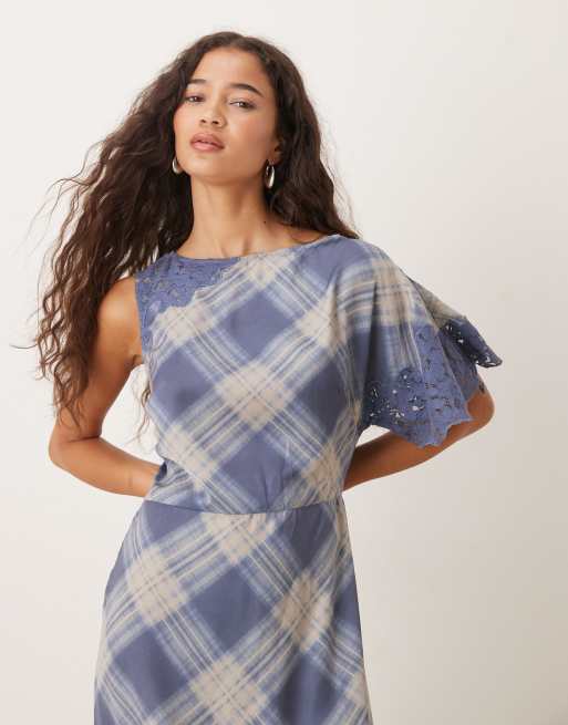 ASOS DESIGN midi dress with lace detail in blue check print, 4 of 4