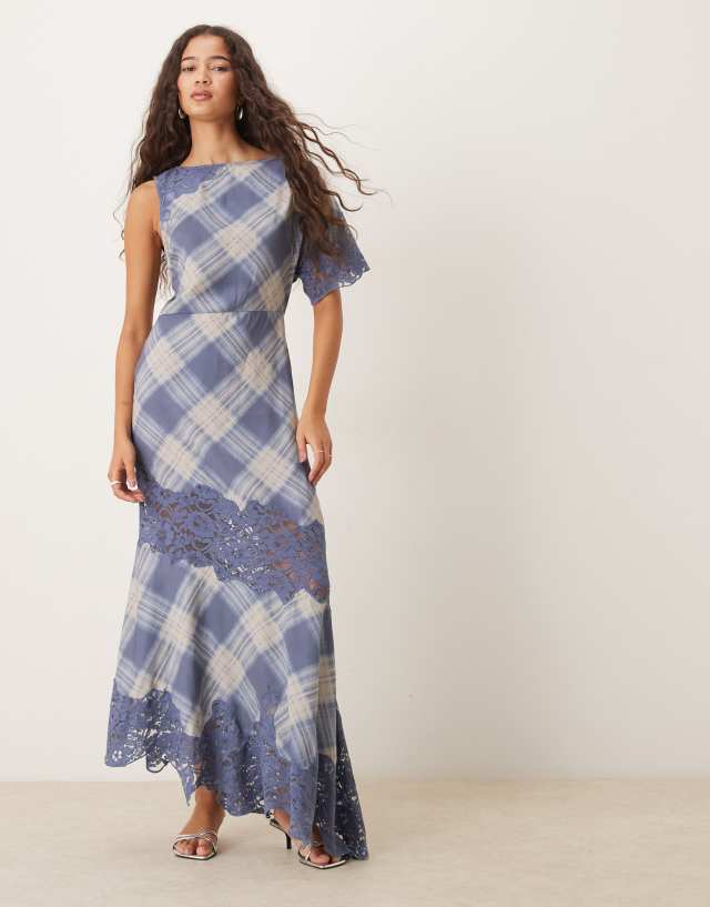 ASOS DESIGN midi dress with lace detail in blue plaid print