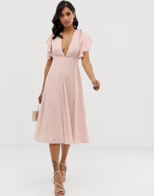 asos design midi dress with lace godet panels