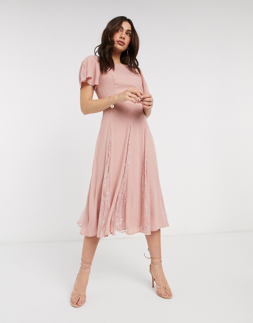 ASOS DESIGN midi dress with lace panels and blouson bodice-Pink