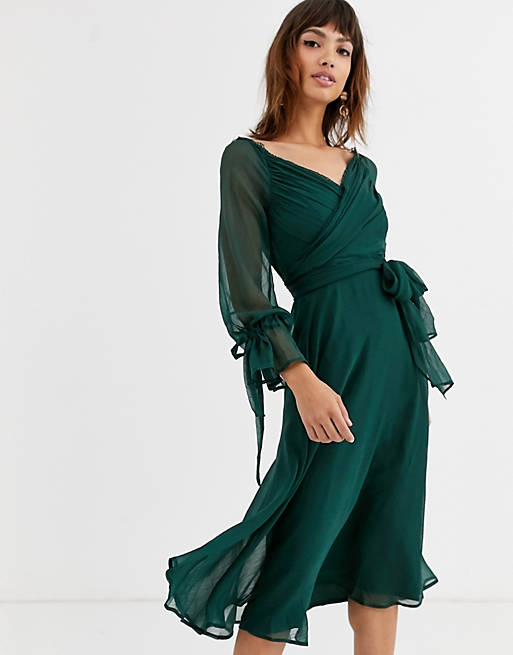 ASOS DESIGN midi dress with layered skirt and wrap waist with lace trim ...