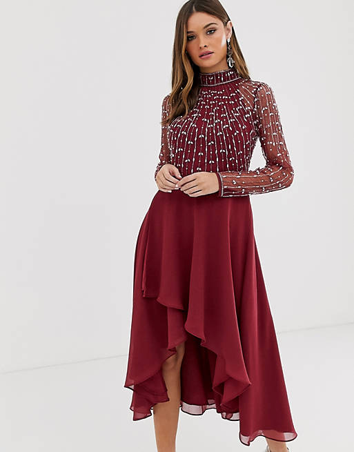 ASOS DESIGN midi dress with linear embellished bodice and wrap skirt