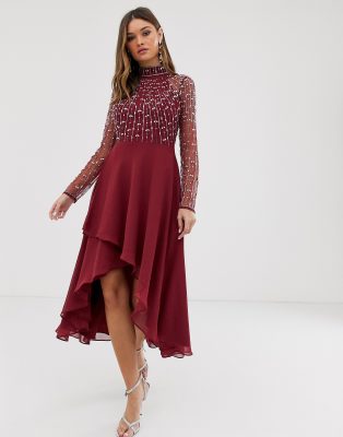 asos design midi dress with long sleeve embellished bodice