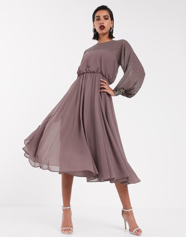 ASOS DESIGN midi dress with linear yoke embellishment in mauve