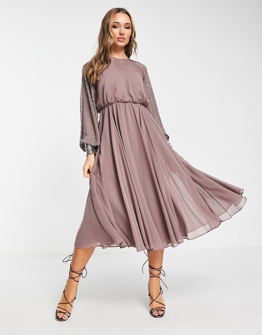 ASOS DESIGN midi dress with linear yoke embellishment in mauve-Purple
