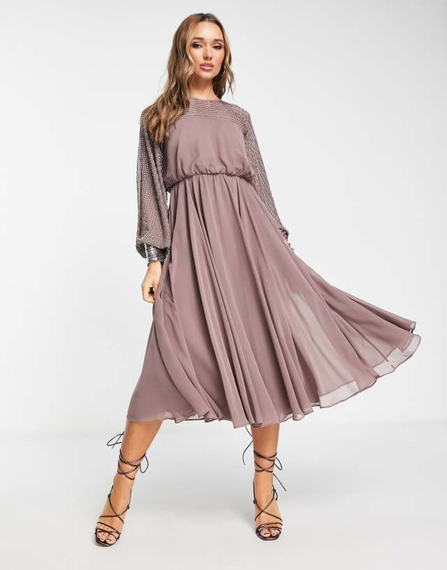 ASOS DESIGN midi dress with linear yoke embellishment in mauve