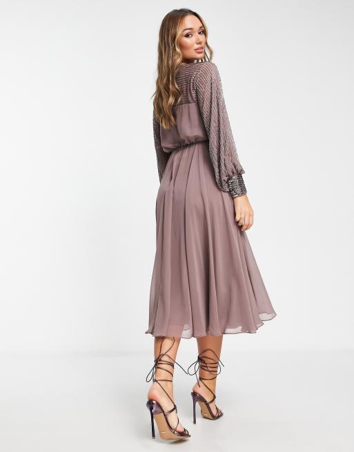 ASOS DESIGN midi dress with linear yoke embellishment in mauve