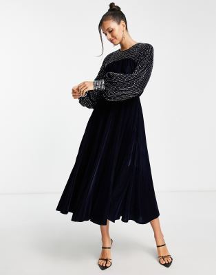 Asos Design Midi Dress With Linear Yoke Embellishment In Navy Velvet-black