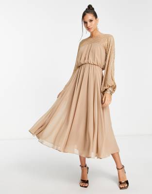 Asos Design Midi Dress With Linear Yoke Embellishment In Stone-pink