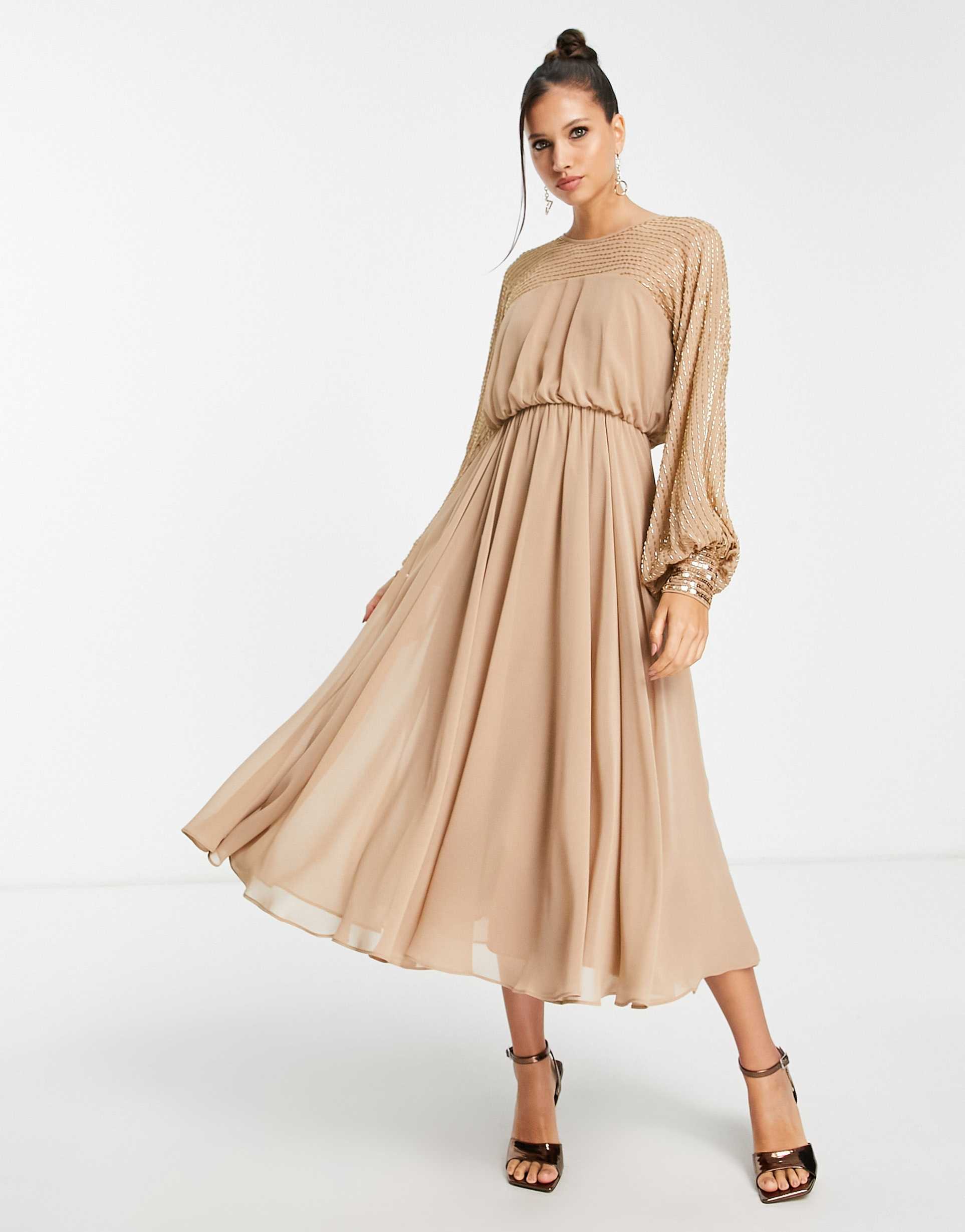 asos design midi dress with linear yoke embellishment in stone