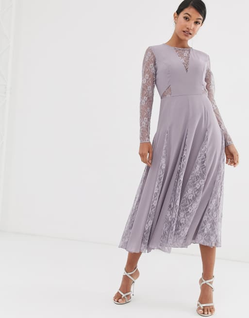 ASOS DESIGN midi dress with long sleeve and lace paneled bodice