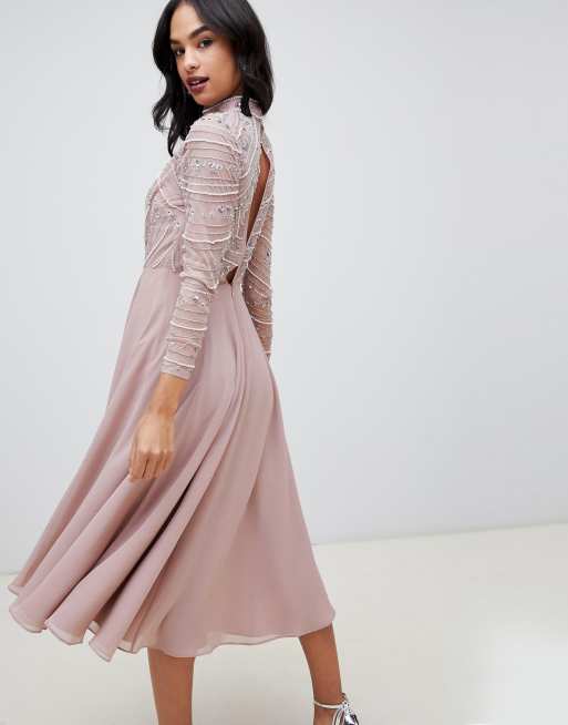 Asos design midi dress with long 2025 sleeve embellished bodice