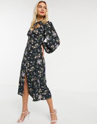 asos design floral tie back midi dress